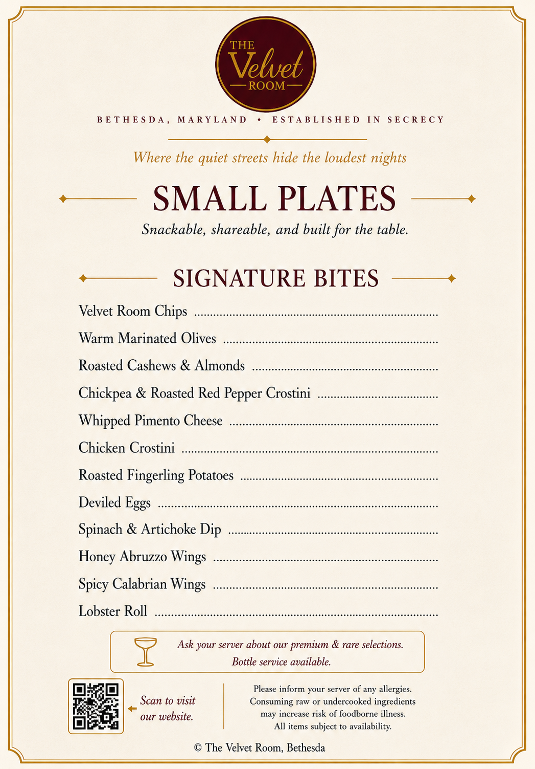 The Velvet Room food menu