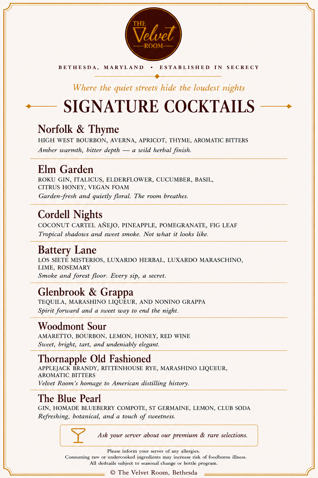 The Velvet Room Signature Cocktails menu — Norfolk & Thyme, Elm Garden, Cordell Nights, and more